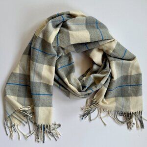 Gap Oversized Scarf Gray Ivory Blue Plaid 23" x 75" + Fringe | Soft Acrylic Wint